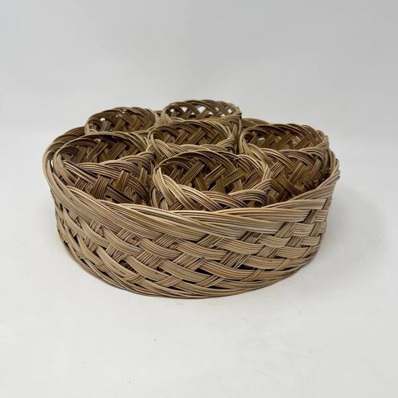Vintage Beverage Serving Tray Set Woven Wicker Indoor/Outdoor 6 Beverage Holders - Picture 2 of 6